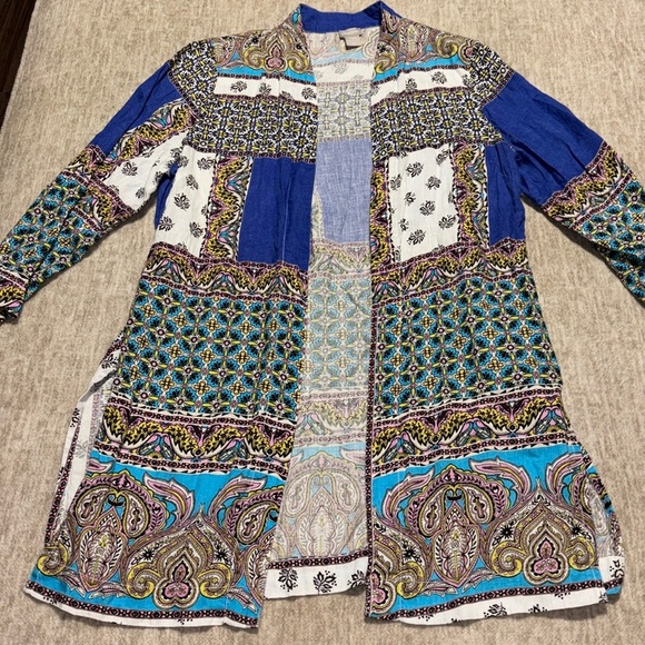 Chico's sz 2 12/14 100% linen open cardigan duster l/xl paisley blue Easter - Picture 1 of 8